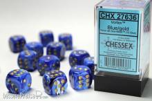 Chessex Würfel CHX27636 - Vortex Blue w/gold Signature™ 16mm d6 with pips Dice Blocks™ (12 Dice)
