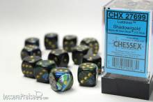 Chessex Würfel CHX27699 - Lustrous™ Shadow w/gold Signature™ 16mm d6 with pips Dice Blocks™ (12 Dice)