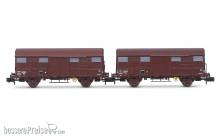 Arnold HN6570 - SNCF, 2-tlg. 2-achs. gedeckte Güterwagen Kv Permaplex, in brauner Lackierung, Ep. III
