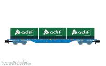 Arnold HN6651 - RENFE, 4-achs. Containerwagen in blauer Lackierung, beladen mit 3 x 20´ Container „Adif, Ep. VI