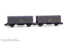 Arnold HN6660 - RENFE, 2-tlg. Set 2-achs. gedeckter Güterwagen J300.000 in grauer Lackierung, „Gran Velocidad”, Ep. III