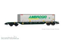 Arnold HN6730 - CEMAT, Containerwagen Sgnss, grün, beladen mit „AMBROGIO”-Curtainside-Wechselaufbau
