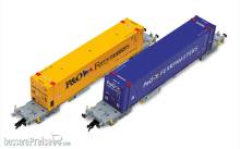 Arnold HN9760 - 2-tlg. Set 4-achs. Containertragwagen, 2 x 45´-Container „P & O Ferrymasters“, in blauer bzw. gelber Farbgebung, Ep. VI