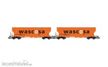 Arnold HN9774 - D-WASCOSA, 2-tlg. Set 4-achs. Getreidesilo-Wagen mit runden Seitenwänden, orange Farbgebung, großes „WASCOSA”-Logo