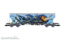 Arnold HN9775 - F-ERSA, 4-achs. Getreidesilo-Wagen mit runden Seitenwänden, „Interfracht“, mit Vogel-Graffiti