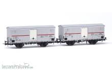 Rivarossi HR6604 - FS, 2-tlg. Set 2-achs. Kühlwagen Ifms mit Blechladetüren, UK-Fahrzeugbegrenzungslinie, in silberner Lackierung mit rotem Streifen, Ep. IV