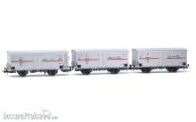 Rivarossi HR6605 - FS, 3-tlg. Set 2-achs. Kühlwagen Hgb (2 x ohne Bremserhaus, 1 x mit), UK-Fahrzeugbegrenzungslinie, in weißer Lackierung mit rotem Streifen, Ep. III