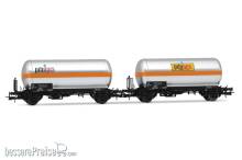 Rivarossi HR6621 - FS, 2-tlg. Set 2-achs. Gaskesselwagen in silberner Lackierung, „Pibigas”, Ep. IV