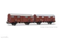 Rivarossi HR6696 - FS, 2-tlg. Set gedeckter Güterwagen der Bauart Ghs, braune Farbgebung, einer mit Zugschlusslaternen