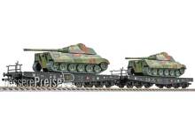 Liliput L230173 - 2-tlg. Set, Flachwagen 6-achsige Schwerlast-Transportwagen SSyms der DRB,beladen mit zwei Panzern in Tarnanstrich,