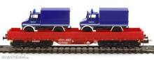 NPE NW43188 - Güterwagen Samms-u 454 DB-Cargo in verkehrsrot mit 2 -THW Unimogs U 1300 L - AC-Wechselstrom