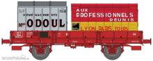 REE Modeles WB-608 - OCEM 29 FLAT Wagon Red SNCF Nhow 103073 Braked, Plain wheels Era III B + 2 Containers “ODOUL” et “AUX PROFESSIONNELS REUNIS”